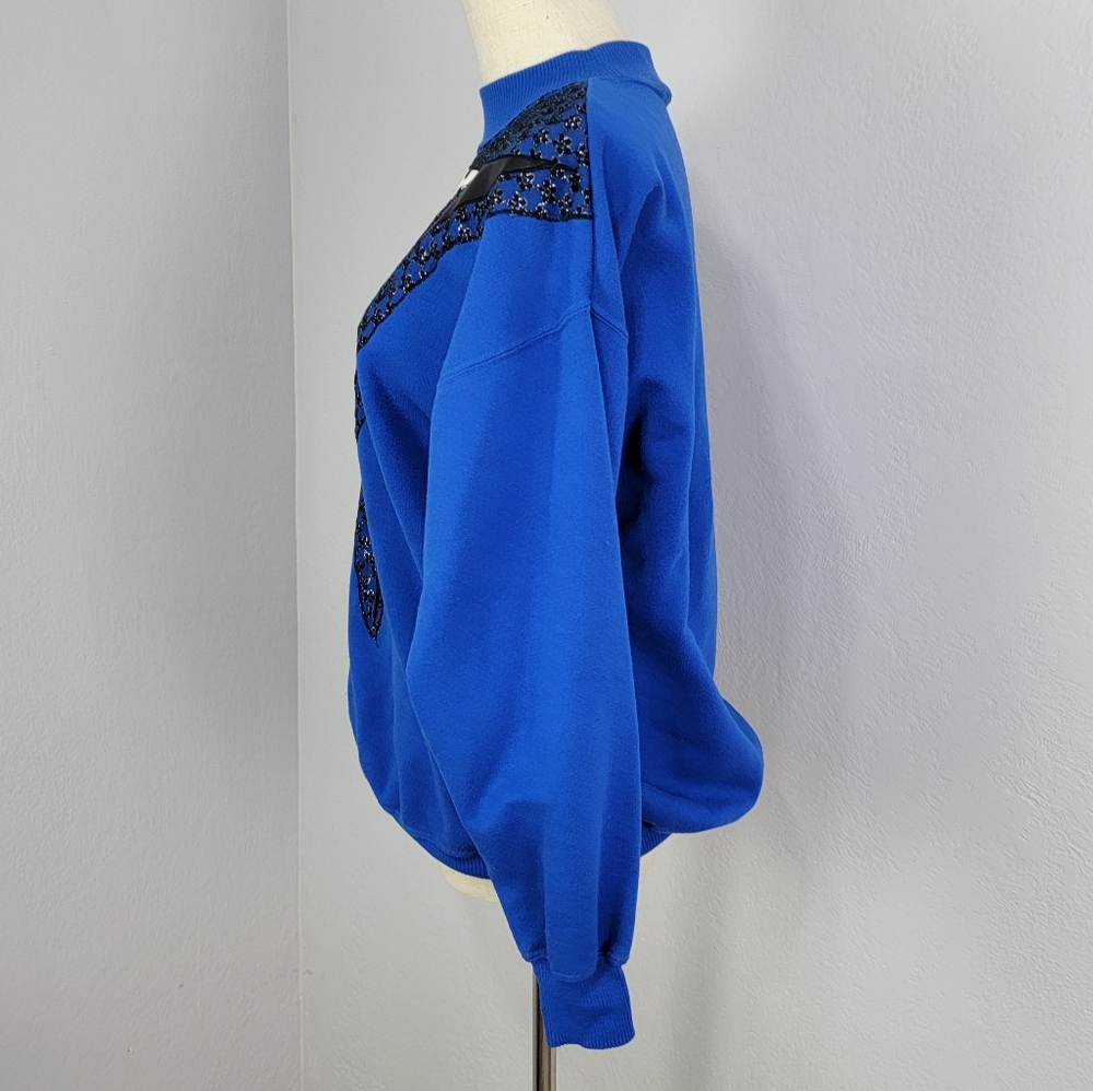 Vintage 80s Extravagannza Mock Neck Abstract Royal Blue Sweatshirt Size Large - Picture 8 of 17